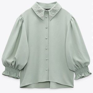 🍃💕NWT ZARA Beaded Jeweled Collar Button Front Blouse Size L
